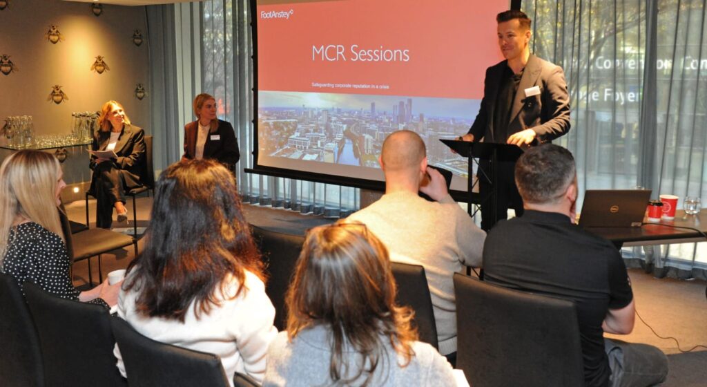 Tom Kershaw introduces the MCR Sessions to a packed room in Manchester hosted by Foot Anstey